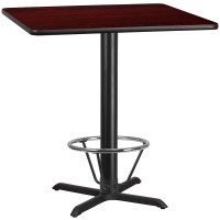 Flash Furniture XU-MAHTB-4242-T3333B-4CFR-GG 42'' Square Mahogany Laminate Table Top with 33'' x 33'' Bar Height Table Base and Foot Ring 